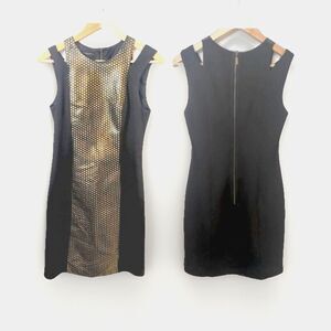 Y2K Vintage Bodycon Tank Dress Black Gold Metallic Sleek Womens 4 Cyberpunk Goth
